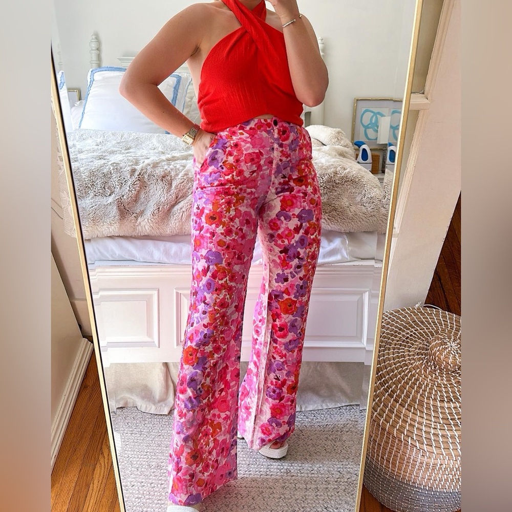 Pink Red Floral High Waist Pants